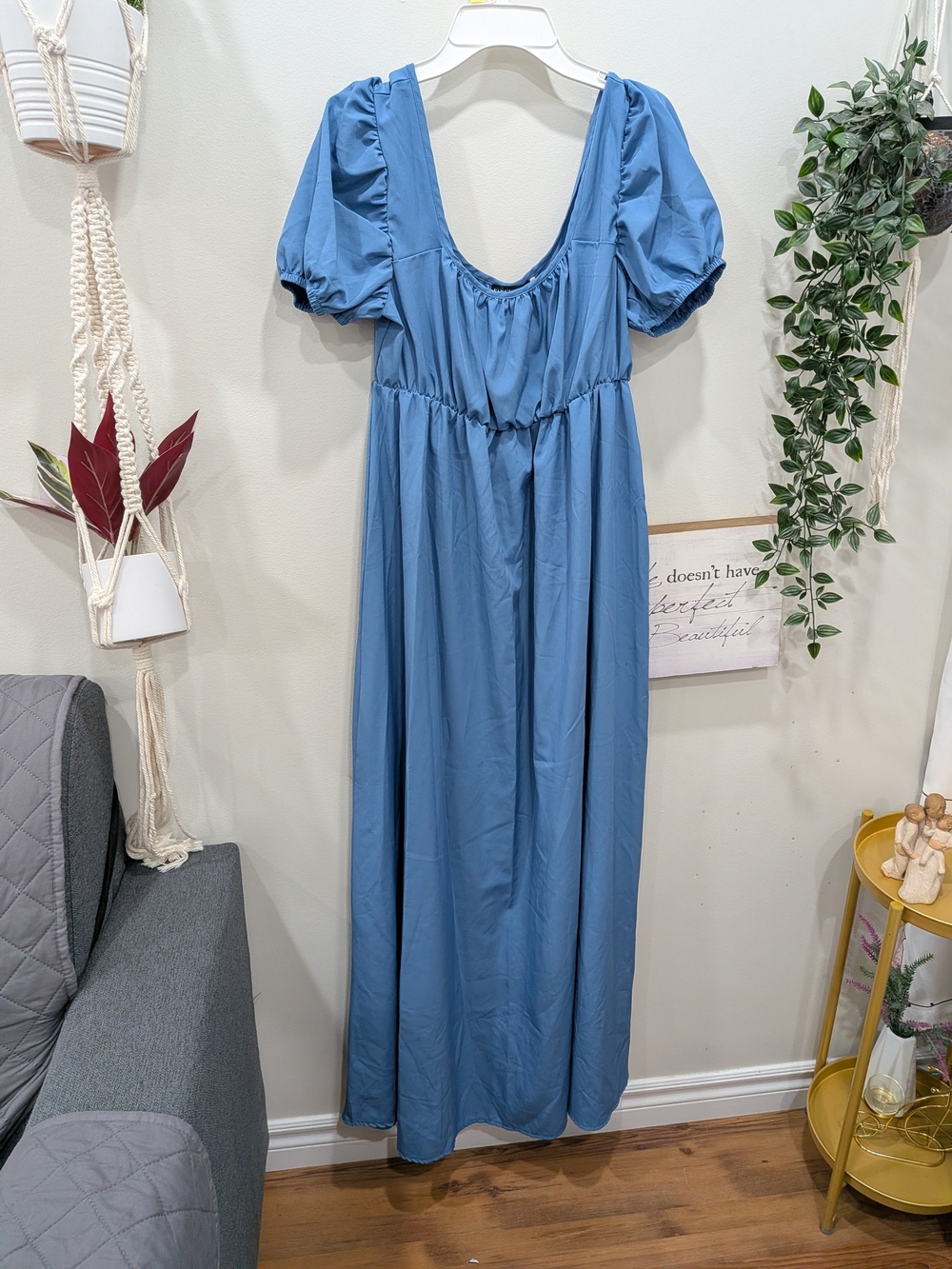 FANCYOUBE Blue Puff-Sleeve Maxi Dress